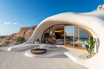 Fototapeta premium A desert home with adobe-style architecture, large windows, and a patio with desert plants