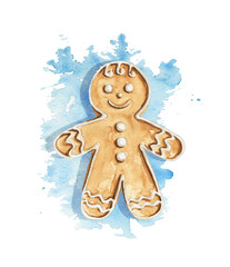 Christmas gingerbread men cookie on blue stain background. Watercolor hand drawn illustration
