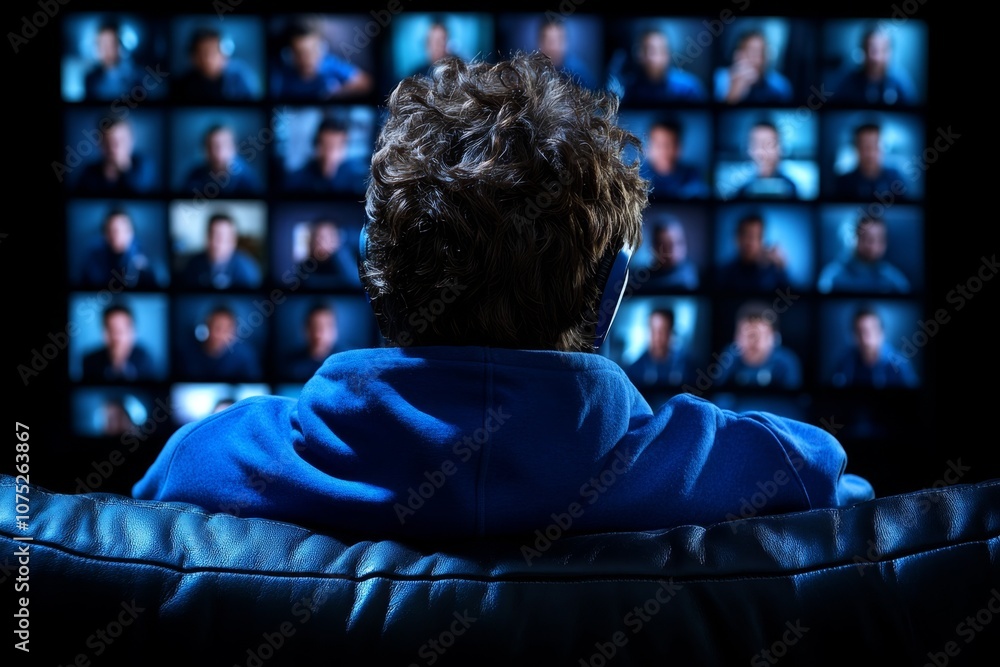 Poster a digital classroom with students and a teacher on a video conference call, showing e-learning