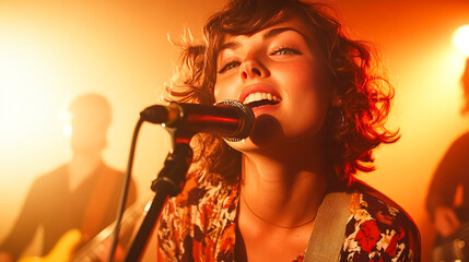 Passionate Singer on Stage: A captivating close-up of a female vocalist performing live, bathed in warm stage lighting, her expressive face and powerful voice filling the frame.