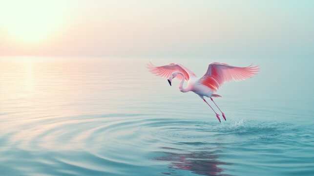 A flamingo launches gracefully from a calm sea at dawn, its pink wings illuminated by the soft, pastel light of a new day.