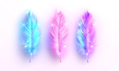 Obraz premium Colorful feathers glowing in vibrant blue and pink hues for creative inspiration isolated on white background