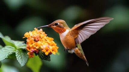 Obraz premium In a vivid display of nature's elegance, a hummingbird hovers delicately near blossoms, showcasing its intricate plumage and the delicate art of flight.