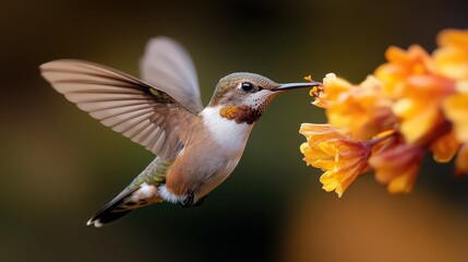 A hummingbird with iridescent feathers hovers near vibrant orange flowers, capturing a moment of delicate balance and nature's ephemeral beauty in flight.