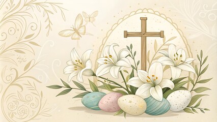 Elegant Easter design featuring a wooden cross, lilies, and pastel-colored eggs with butterflies