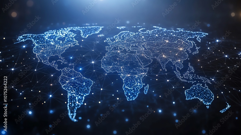 Poster A stylized world map composed of glowing lines and dots, representing global connectivity.