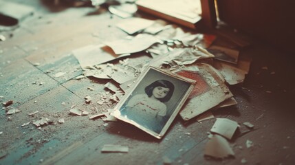 Naklejka premium An old photograph of a child lies among scattered papers on a dusty floor, echoing memories and an aura of nostalgic mystery.