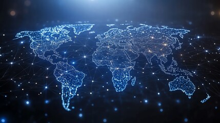 A stylized world map composed of glowing lines and dots, representing global connectivity.
