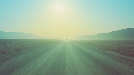 A solitary car is dwarfed by the vast openness of a sunlit desert road, disappearing into the misty horizon, evoking a sense of freedom and adventure.
