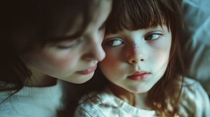 Tender emotion is shared between an adult and a child, captured softly in an intimate moment of care.