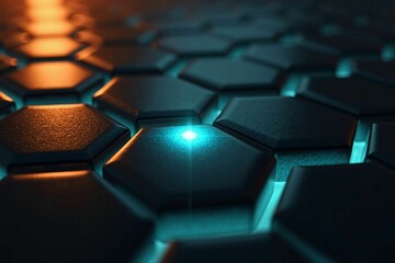 Fototapeta premium Modern Hexagonal Surface with Orange and Blue Highlights in a Dark Futuristic Setting