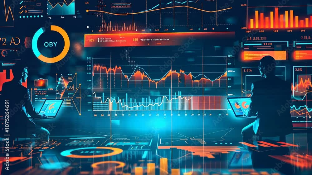 Poster analysts evaluate financial data in a high-tech environment using multiple screens at a modern offic