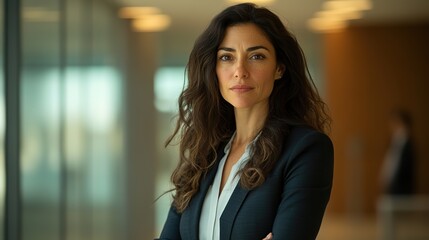 Beautiful blonde Caucasian European woman in suit outdoors with a blurry business center in backdrop blur background
