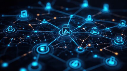 Fototapeta premium Digital network with interconnected nodes and user icons.