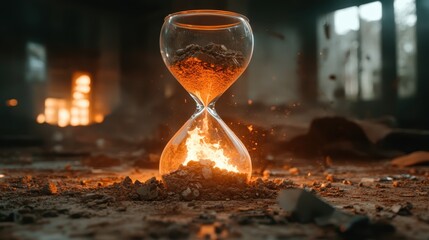 An hourglass filled with sand and fiery embers conveys the passage of time, the burning essence of moments lost, and the cycle of life in an evocative image.