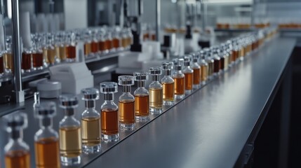 Fototapeta premium A long production line of perfume bottles glistens under industrial lighting, symbolizing luxury and meticulous craftsmanship.