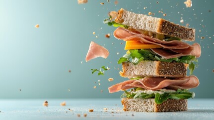 A mouth-watering sandwich is shown with its various layers and fresh ingredients exploding apart, capturing the delicious and enticing chaos of its vibrant contents.