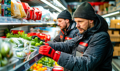 Obraz premium Grocery Store Workers Stocking Produce 