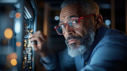 A meticulous engineer with gray beard and red glasses making precise adjustments to a data server, symbolizing reliability and advanced technological knowledge.