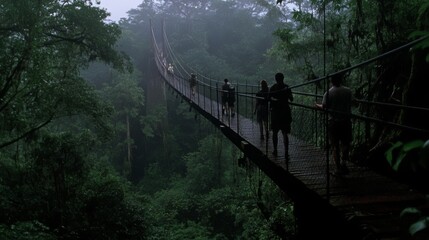 Fototapeta premium Adventurers traverse a misty bridge in a dense forest, suspended between realms of the known and the mysterious.