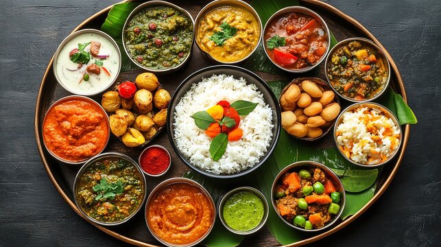 A traditional Indian thali with various curries, rice, and side dishes.