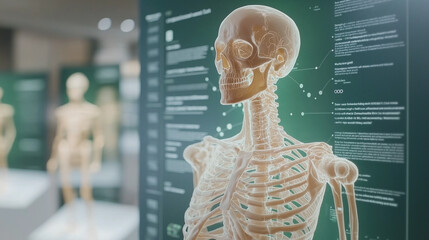 Human Skeleton Hologram:  A detailed 3D holographic projection of a human skeleton superimposed on a digital interface, showcasing anatomical structures in a modern medical setting.