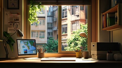 Ventilation window with a view of a quiet street, open for airflow in a compact home office.
