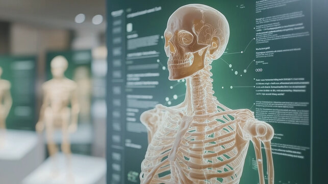 Human Skeleton Hologram:  A detailed 3D holographic projection of a human skeleton superimposed on a digital interface, showcasing anatomical structures in a modern medical setting. - Powered by Adobe
