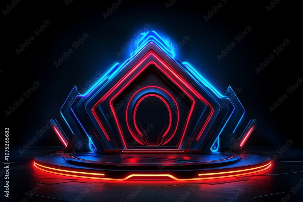 Poster a high-tech house with neon outlines and advanced architecture, set against a dark, cyberpunk-style 