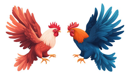 Obraz premium Two colorful roosters facing each other in a vibrant digital illustration showcasing their distinct feathers and personalities isolated on transparent background.
