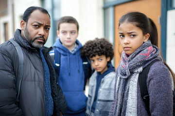 Obraz premium Parents and children stand together, showing concern outside a school during a chilly afternoon in a suburban neighborhood. Generative AI