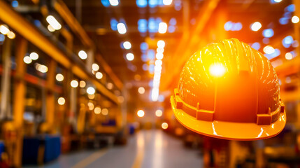 Hard Hat in the Factory:  A close-up of an orange hard hat in a brightly lit industrial factory setting. The blurred background emphasizes the scale of the operation and the importance of safety. 