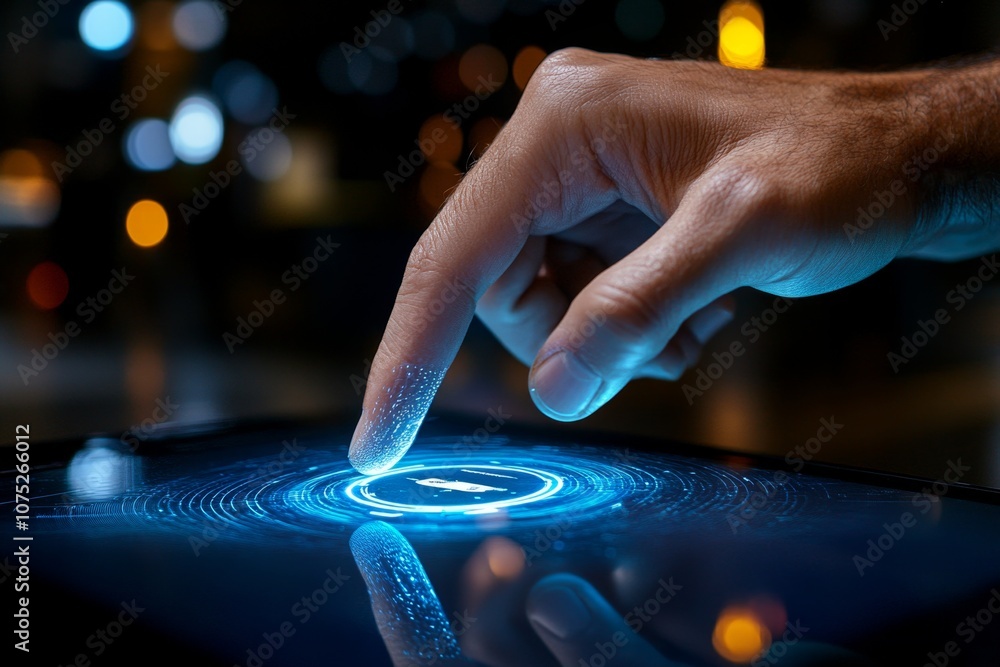 Poster a hyper-realistic close-up of a personâ€™s finger touching a digital icon, with fine detail on the s