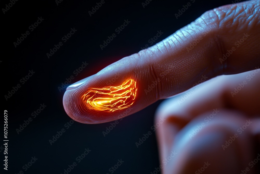 Poster a hyper-realistic close-up of a personâ€™s finger touching a digital icon, with fine detail on the s