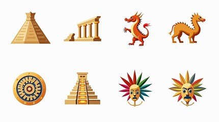 Fototapeta premium Cultural Heritage Icons: Pyramid, Greek Column, and More