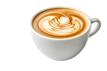 A beautifully crafted cup of latte coffee with intricate latte art, perfect for coffee enthusiasts and cafe settings.