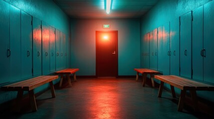 An eerie locker room illuminated by moody teal lighting with a glaring red exit sign above the door, evoking feelings of suspense and mystery within an industrial setting.