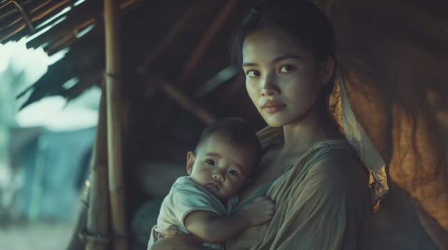A serene mother and child moment in a rustic setting, reflecting tenderness and resilience amidst simplicity.