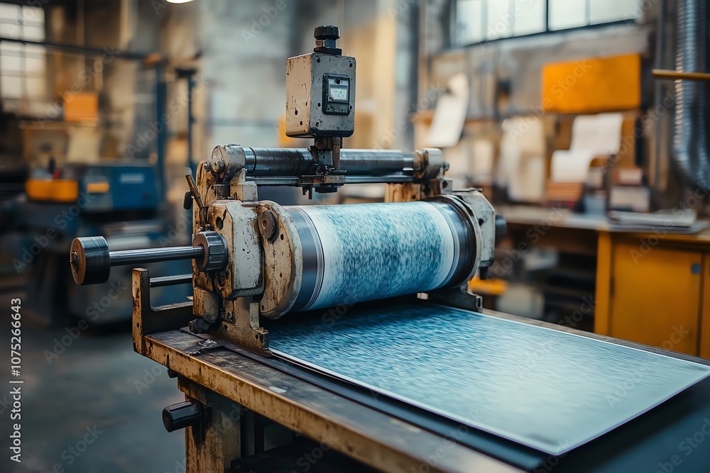 Poster a vintage printing press with a blue sheet of paper passing through the rollers.