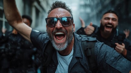 A joyful man with sunglasses is nearly ecstatic, surrounded by a crowd on an urban street, representing unity and joy during a lively celebration.