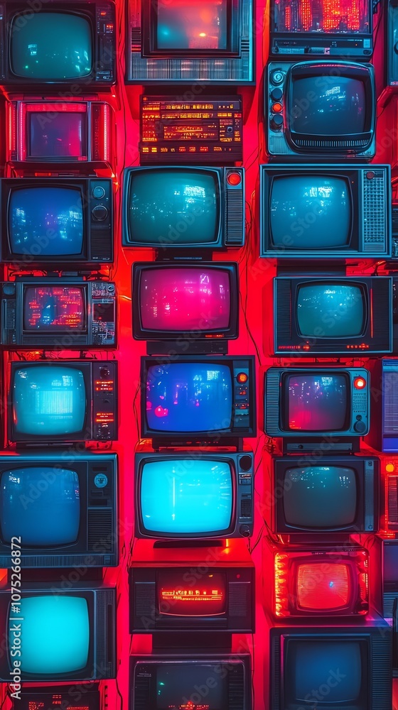 Poster a wall covered with vintage televisions, each with a different screen displaying static and color ba