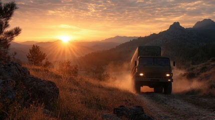 At sunset, a military truck navigates a dusty mountain road, casting an adventurous silhouette against the vibrant sky, symbolizing journey and unknown paths ahead.