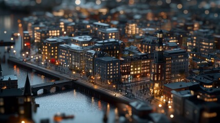 Obraz premium A nighttime cityscape with shimmering lights reflecting on the water, capturing the urban hustle and serene beauty of illuminated architecture.