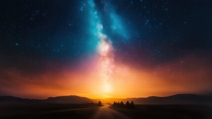 Fototapeta premium A breathtaking view of the Milky Way illuminating a serene landscape, casting a golden glow across the horizon and infusing the night sky with vibrant cosmic colors.