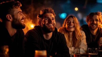 A joyful group of friends, two men and a woman, laughing together in a lively bar setting, highlighting friendship, happiness, and social connection.