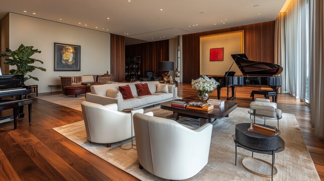 A modern living room with wooden floors, a grand piano, and elegant furniture.