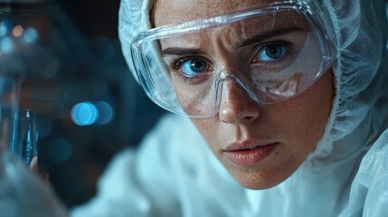 A scientist in protective gear, including goggles and lab suit, carefully concentrates on conducting an experiment in a laboratory setting.