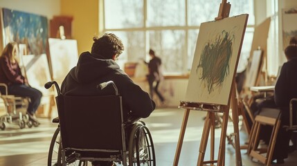 An artist in a wheelchair in a sunlit studio, deep in focus, painting on an easel, highlighting creativity, determination, and the power of art.
