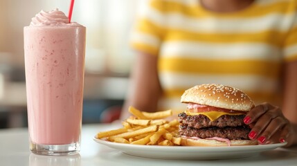 A delicious plate featuring a double cheeseburger, crispy fries, and a strawberry shake is set on a diner table, symbolizing classic American fast-food delight.