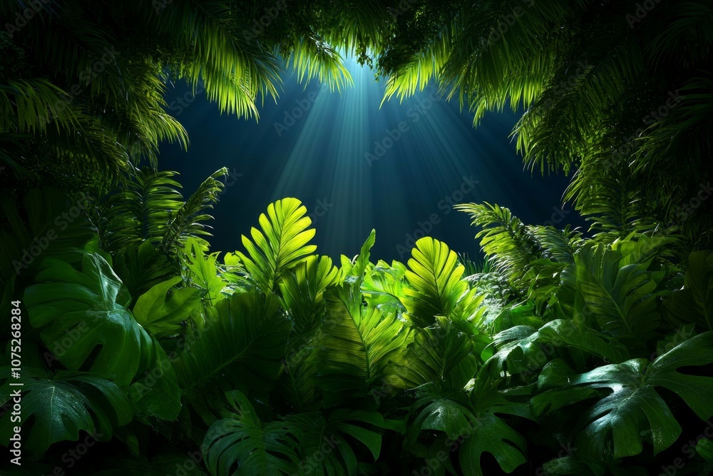 Poster a misty jungle scene with rays of sunlight filtering through thick trees and highlighting plants bel